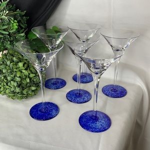 Set of 6 mouth blown martini glasses with cobalt blue swirl base